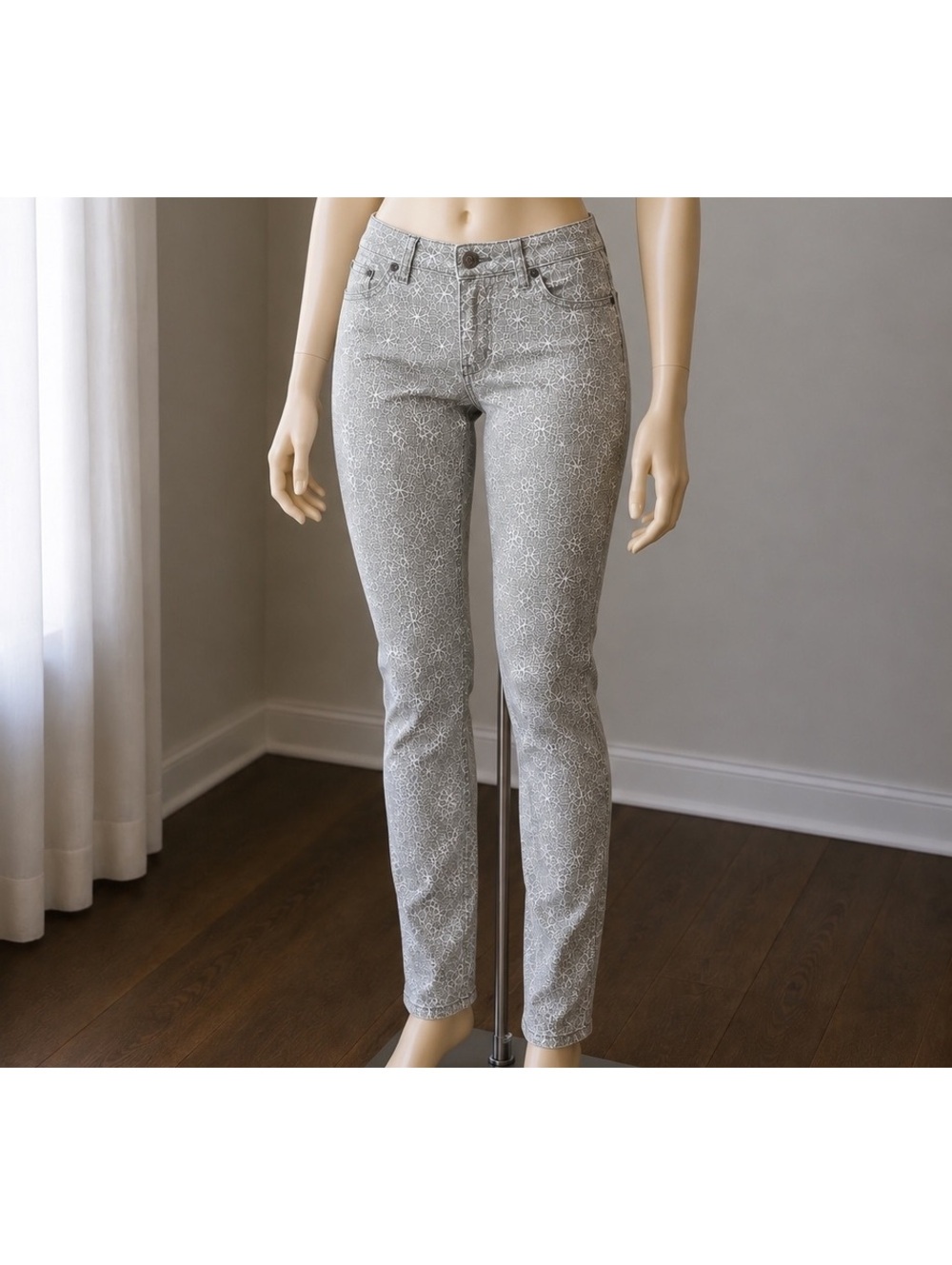 prAna Wakaren Pants Women’s 4/27 Gray Floral Print Organic Cotton Stretch Skinny